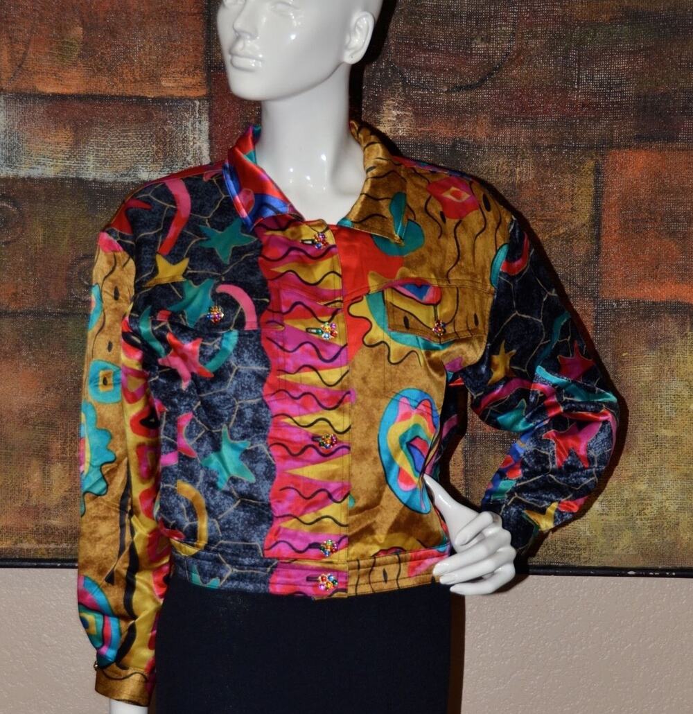 Louis Feraud Couture "PICASS0" Jeweled Buttons Designer Satin Jacket Size 4